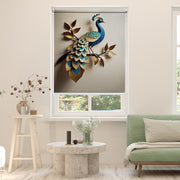 Papercraft peacock blind in teal and gold on warm greige ā Lolli & Omi